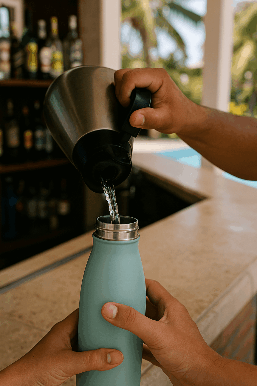 Reusable water bottle being filled at a Varadero resort bar