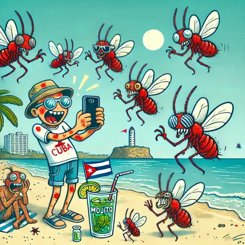 Dessin humoristique d’un touriste à Cuba prenant un selfie, piqué et photobombé par des mini brûlots sur la plage