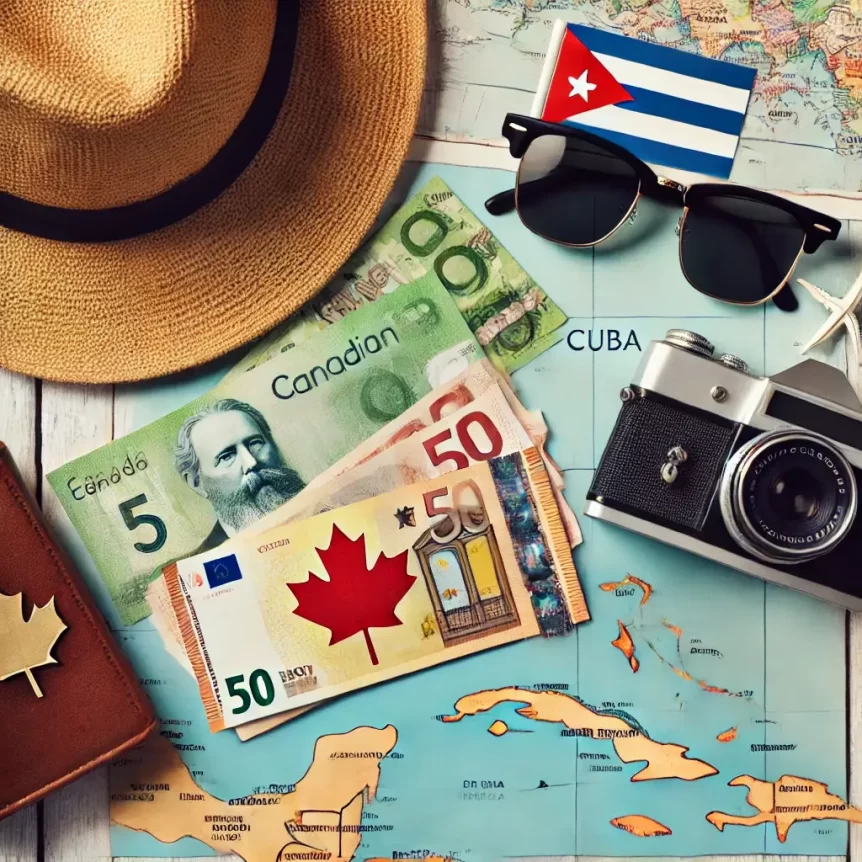 Flat lay of Canadian dollars, Euros, and Cuba map with travel essentials like a camera and hat, showing the best currency for Cuba for travelers.