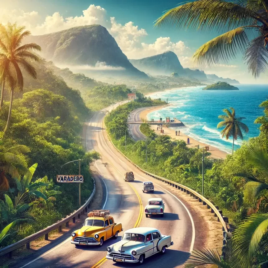 A realistic scene of a scenic road from Varadero to Havana, Cuba, with vintage Cuban cars driving along a tropical route bordered by lush greenery and the ocean in the distance.