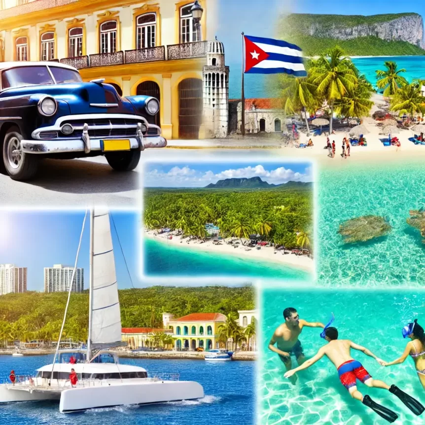 Vibrant scene of Varadero excursions in Cuba, featuring classic cars in Havana, a catamaran sailing to a tropical island, snorkeling in clear waters, and lush green valleys, capturing diverse Cuban activities.