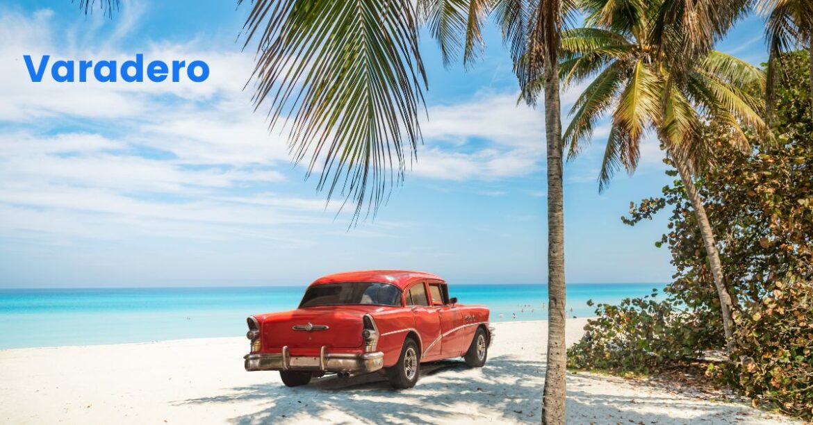 A bright and vibrant collage showing people enjoying top tours in Varadero, Cuba, including snorkeling at Coral Beach and Saturn Cave, relaxing on Varadero Beach, exploring Havana on a day tour, going on a Jeep Safari, interacting with dolphins at the Varadero Dolphinarium, strolling through Josone Park, sailing on a Cayo Blanco catamaran tour, playing golf at Varadero Golf Club, shopping at Varadero street market, and taking a sunset catamaran cruise. The image highlights the adventure, beauty, and relaxation of Varadero