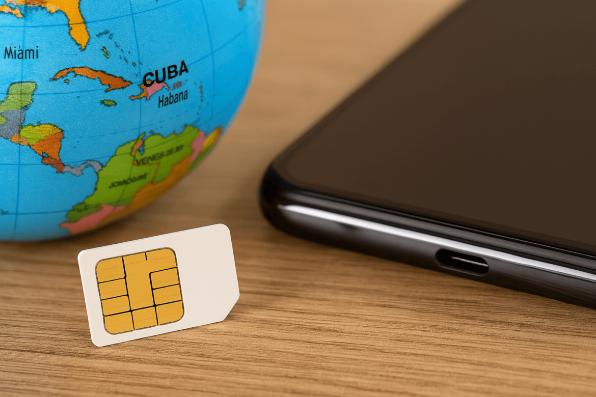 Carte SIM avec téléphone et globe terrestre – symbolisant la connectivité à Cuba
