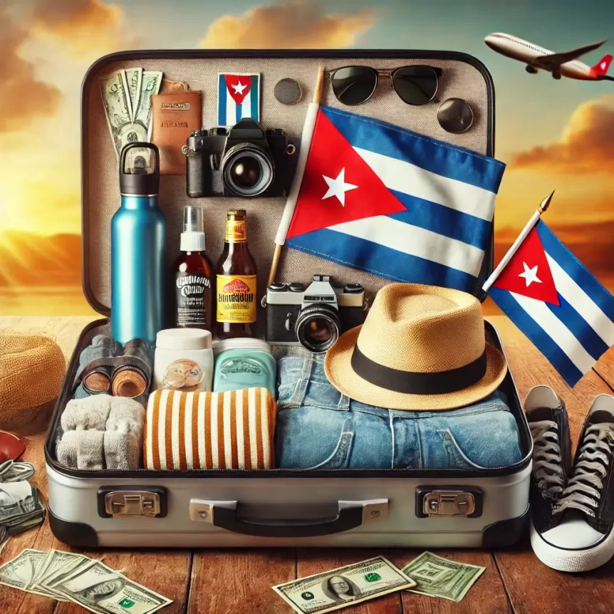 Open suitcase packed with travel essentials for a trip to Cuba, including clothing, hat, sunscreen, insect repellent, reusable water bottle, and camera, set against a tropical background.