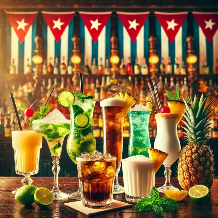 A vibrant display of iconic Cuban cocktails, including Mojitos, Daiquiris, Cuba Libre, Piña Colada, and Canchánchara, in a classic Havana bar setting with traditional décor and warm lighting.