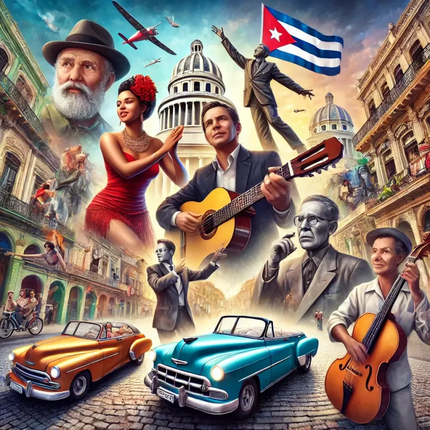 famous Cuban icons from music, art, and politics, showcasing Cuban culture with vibrant Havana elements in the background.