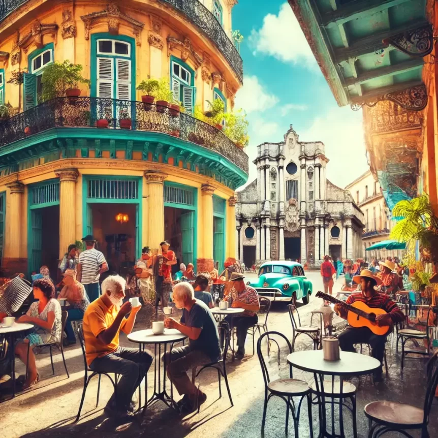 People enjoying Cuban coffee at a cozy outdoor café in Havana with colorful colonial buildings and street musicians in the background.