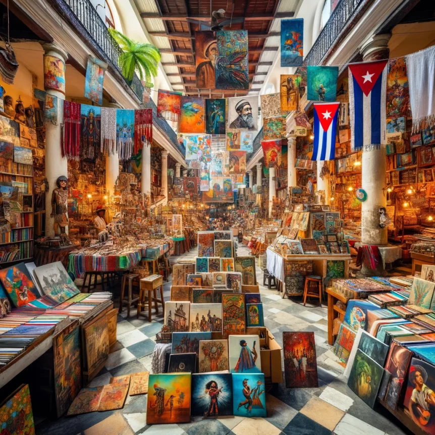 A vibrant scene in a Havana market tour featuring handmade crafts, books, and cultural performances. The stalls are filled with colorful crafts, textiles, and artworks, capturing the dynamic and artistic atmosphere of Havana's market culture.