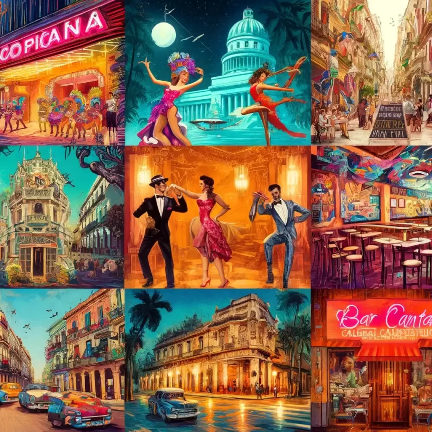 A vibrant collage featuring top music and dance venues in Havana, including Tropicana Club, Casa de la Música, Fábrica de Arte Cubano, La Zorra y el Cuervo, Salon Rosado de la Tropical, Callejón de Hamel, Bar Mi Habana, and Café Cantante Mi Habana. The image captures the lively and colorful atmosphere of Havana's music and dance scene.