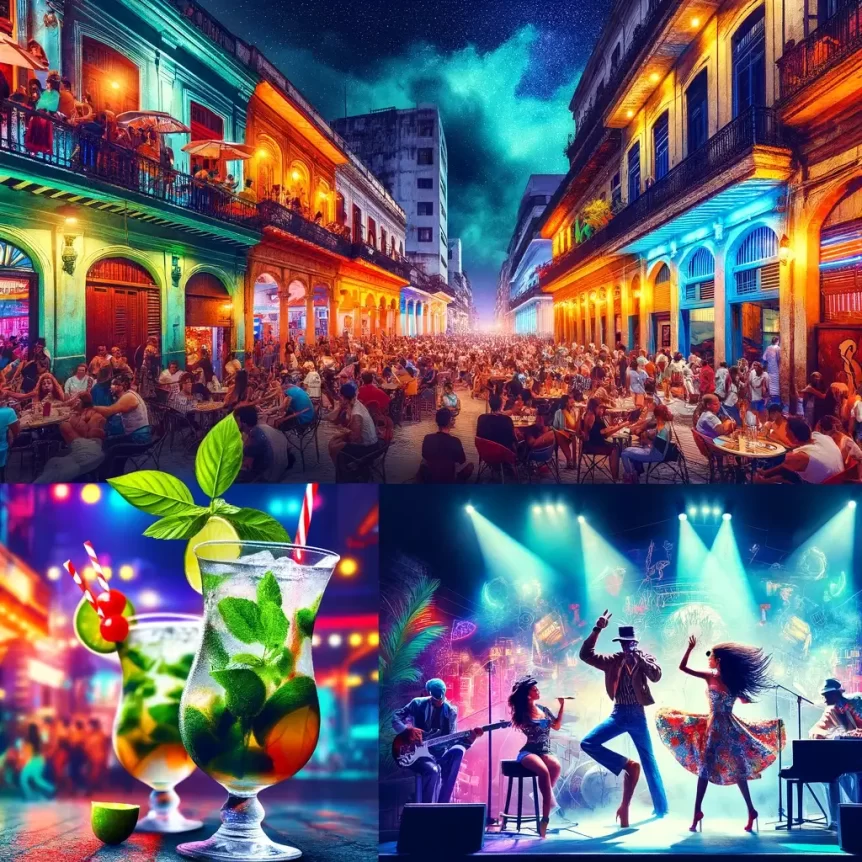 An energetic scene in Havana at night, showcasing a popular bar with people enjoying mojitos, a vibrant nightclub with dancing, and a live music venue with a band performing. The colorful lights and lively atmosphere capture the excitement of Havana's nightlife
