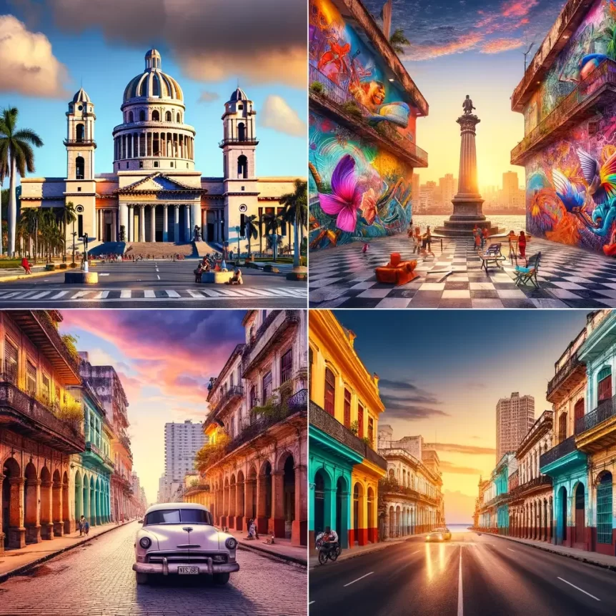 A vibrant scene in Havana featuring iconic photography spots, including Plaza de la Catedral, colorful street art in Callejón de Hamel, El Capitolio, and a sunset view of the Malecón. The image captures the essence of a Havana photography tour with stunning architecture, vibrant colors, and lively street scenes.