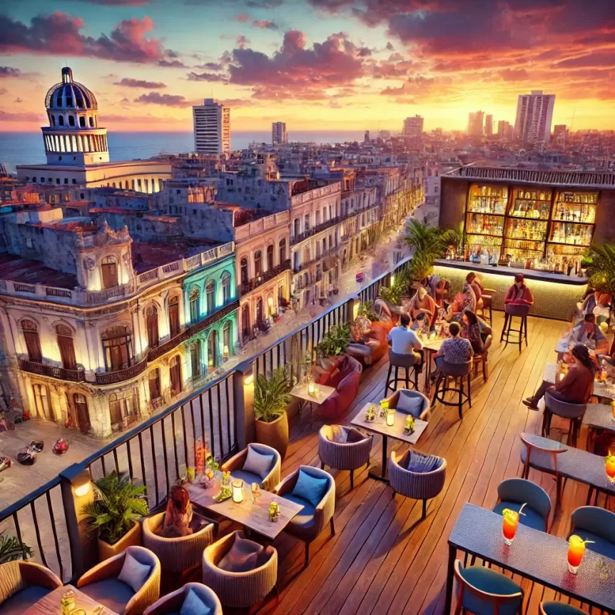 Rooftop bar in Havana, Cuba, at sunset with people enjoying cocktails, historic buildings in the background, and the Caribbean Sea in the distance.