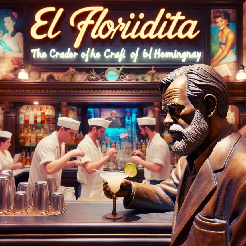 A detailed view of El Floridita bar in Havana, known as the cradle of the daiquiri, featuring its classic neon sign, lively atmosphere, and a life-size bronze statue of Hemingway. Bartenders prepare daiquiris while patrons enjoy their drinks, reflecting the vibrant and historic essence of the bar.
