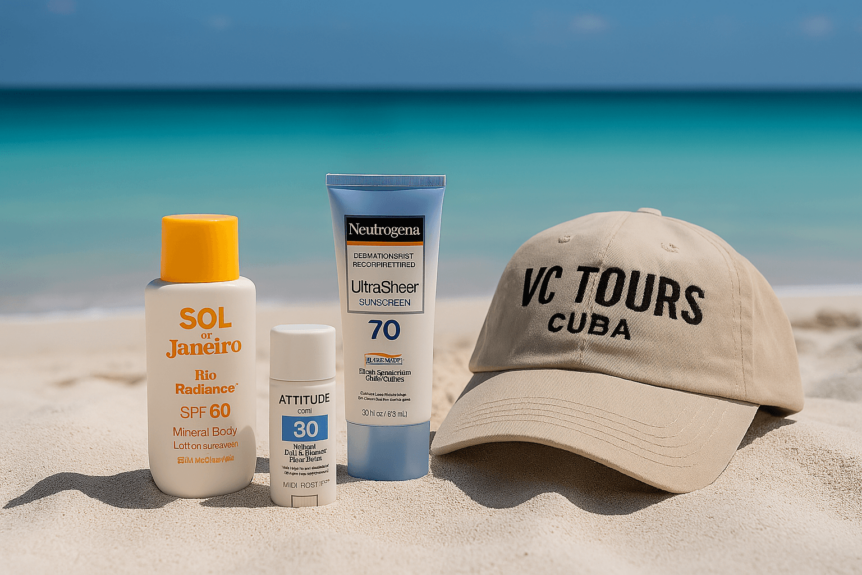 Bottles of sunscreen on Varadero beach with VC Tours hat