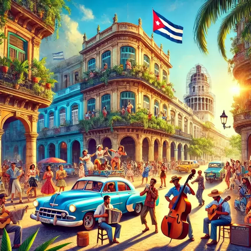 Vibrant Cuban street scene with musicians, vintage cars, dancing locals, and colorful colonial architecture, showcasing interesting facts about Cuba culture and heritage.