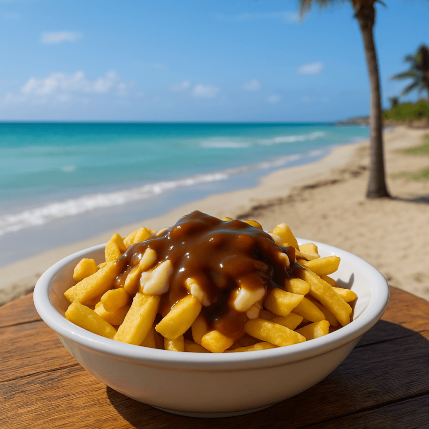 Assiette de poutine servie face à la plage de Varadero