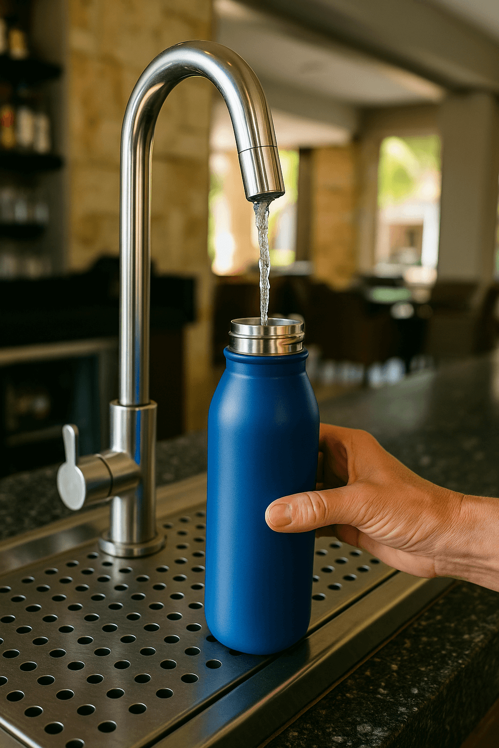 Bouteille d’eau réutilisable remplie à un bar de resort à Varadero