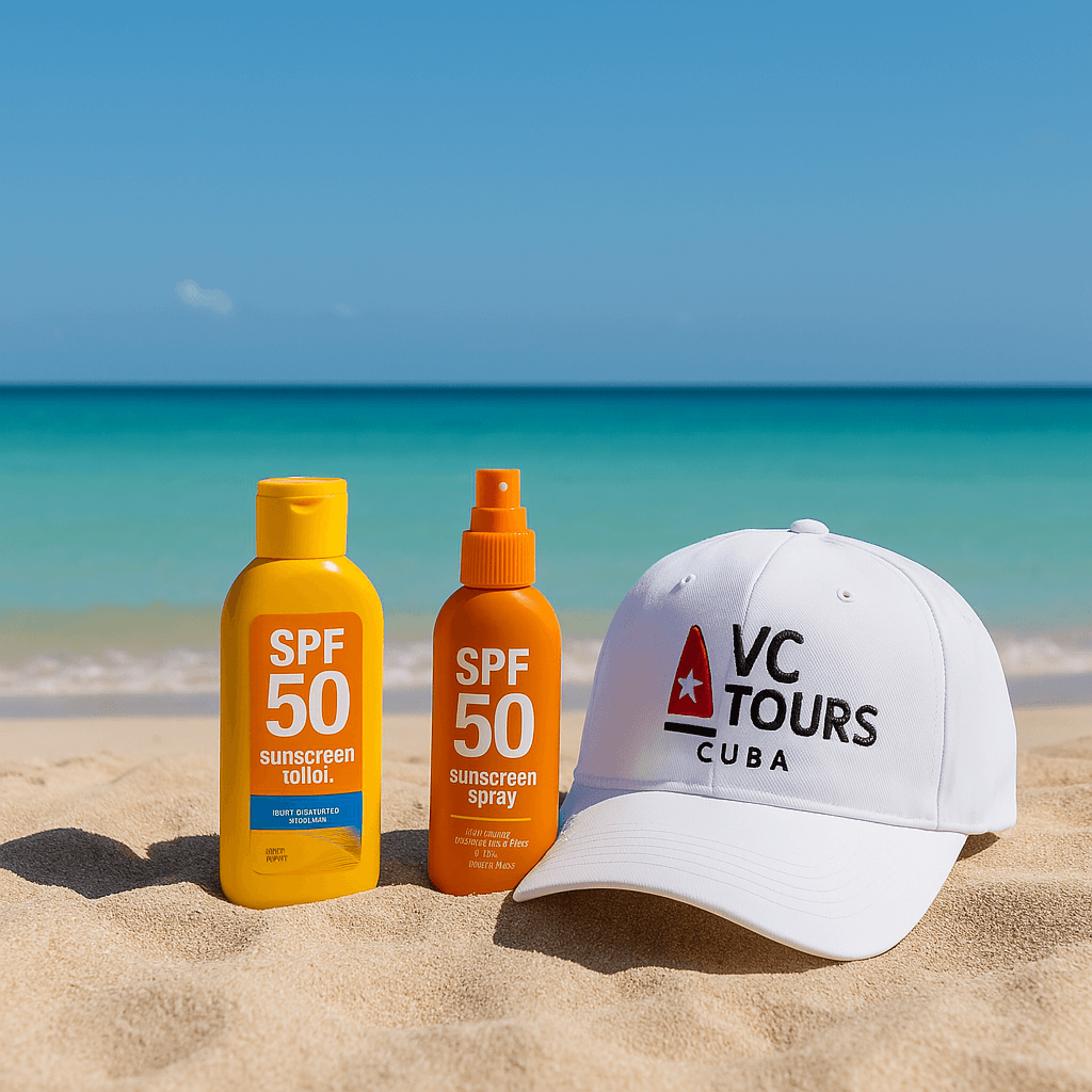 Sunscreen bottles and VC Tours Cuba cap on Varadero beach with turquoise sea and blue sky