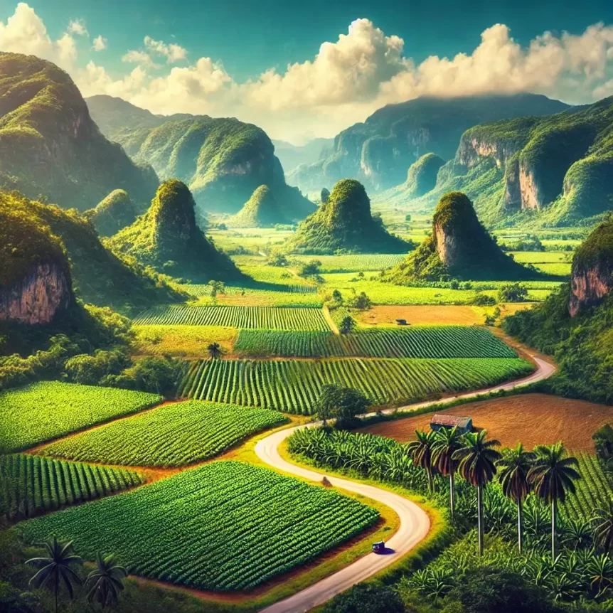 Scenic view of Vinales Valley with lush green mogotes, tobacco fields, and a winding road leading to traditional Cuban tobacco farms, highlighting the natural beauty and rural charm of the valley