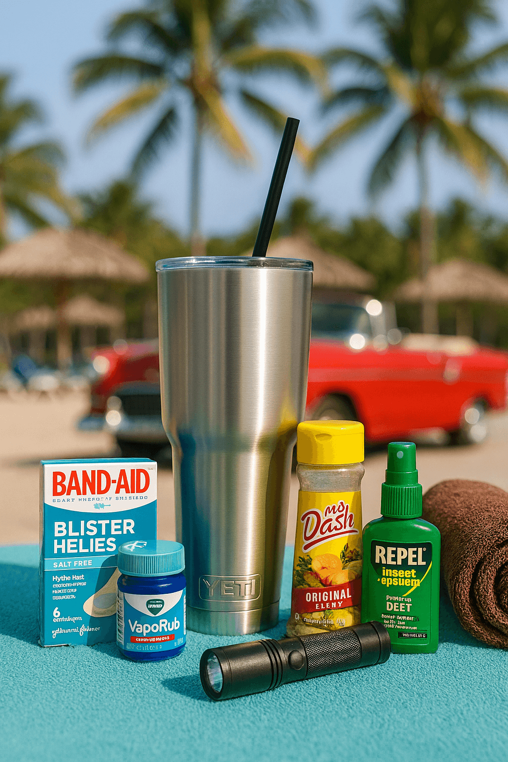 Essential travel items to pack for a Cuba vacation, including a YETI cup, insect repellent, flashlight, and blister care, with a classic red convertible in the background.